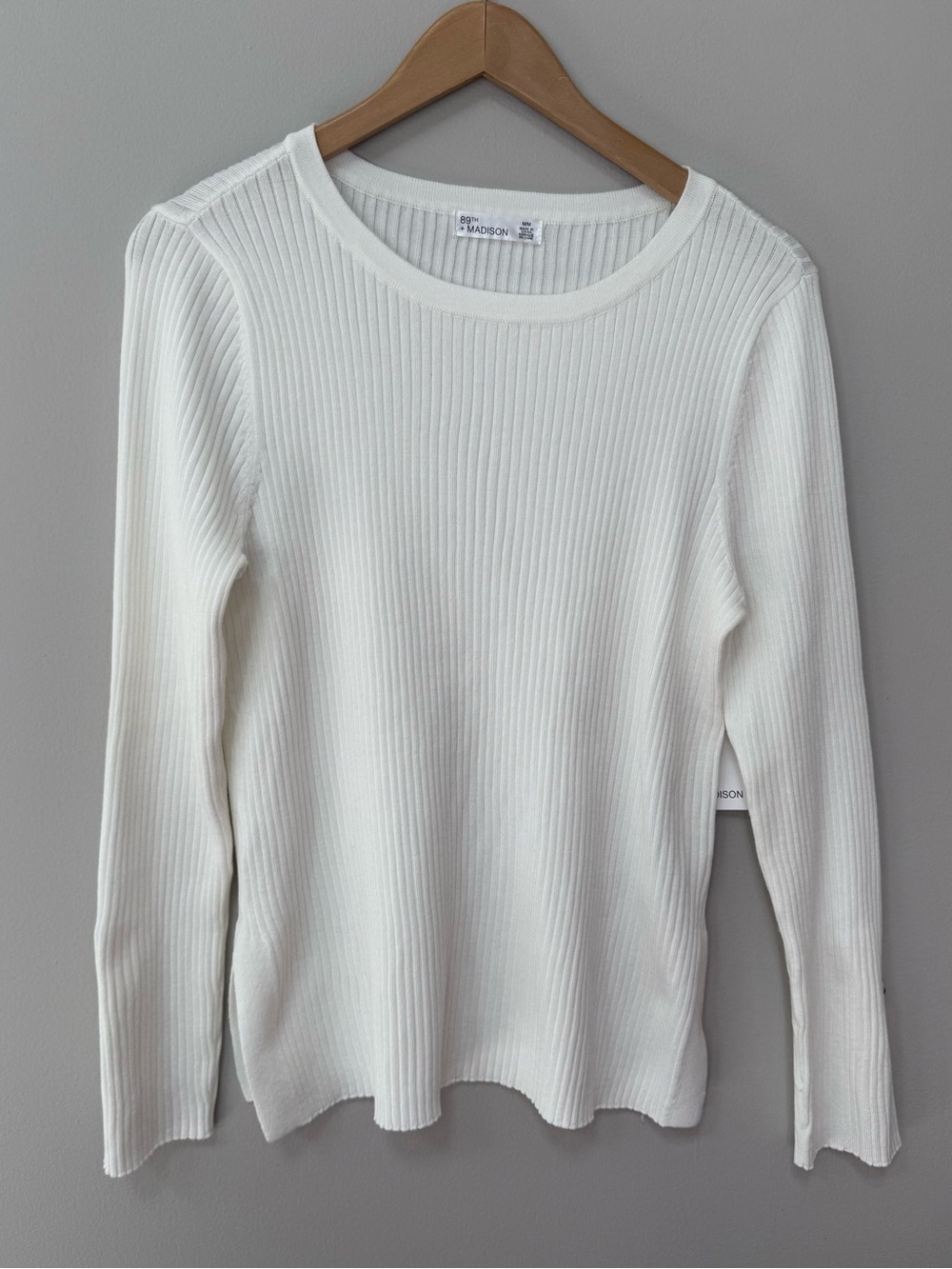89th+Madison Cream Ribbed Long Sleeve Crewneck Sweater